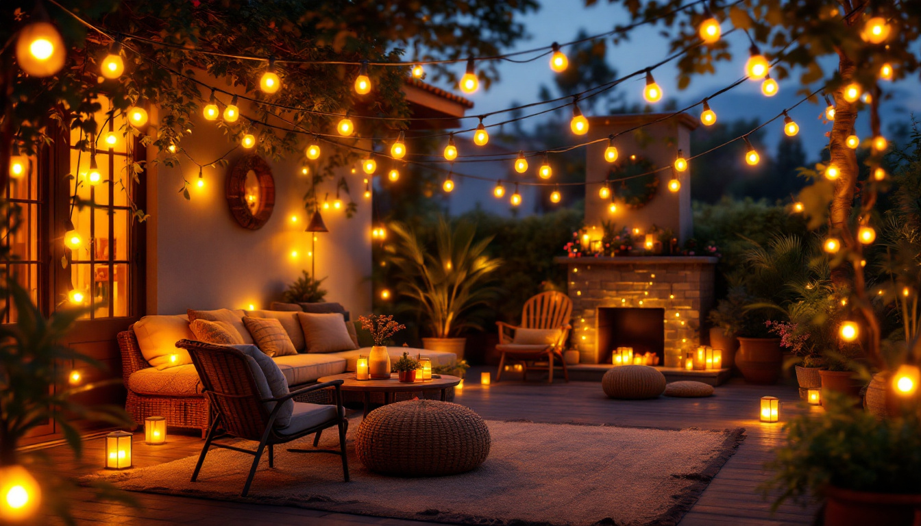 A photograph of a beautifully arranged outdoor scene featuring vibrant construction string lights illuminating a cozy gathering space