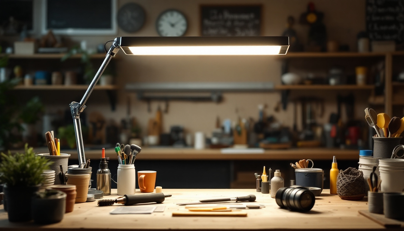 A photograph of capture a photograph of a well-lit workshop or garage scene showcasing the 48 led 5000 kelvin shop light in action