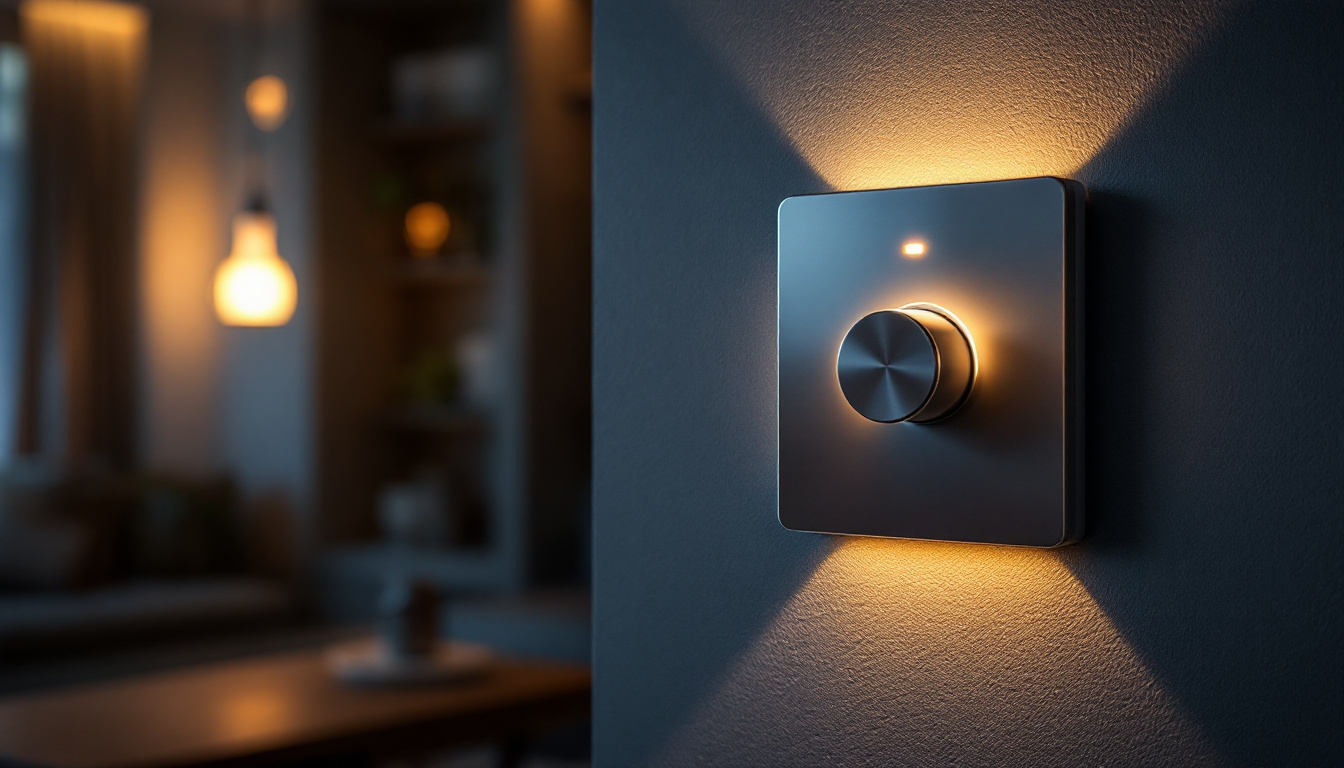 A photograph of a stylish lighted dimmer switch in a modern home setting