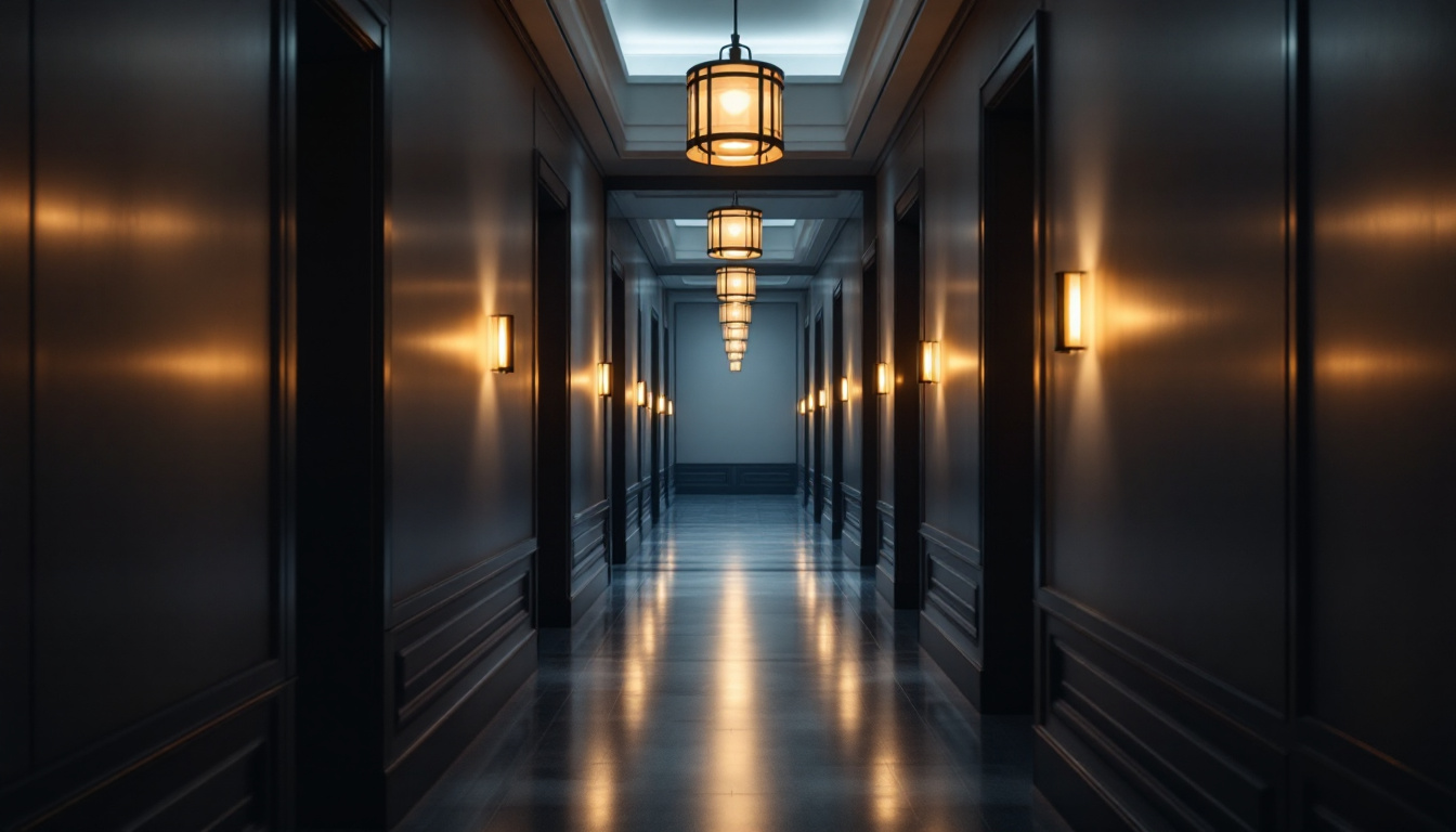 A photograph of a beautifully designed hallway illuminated by an elegant light fixture