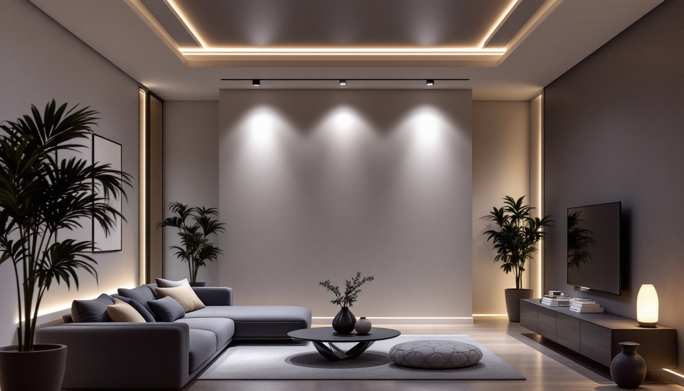 A photograph of a modern living space featuring contemporary recessed lights