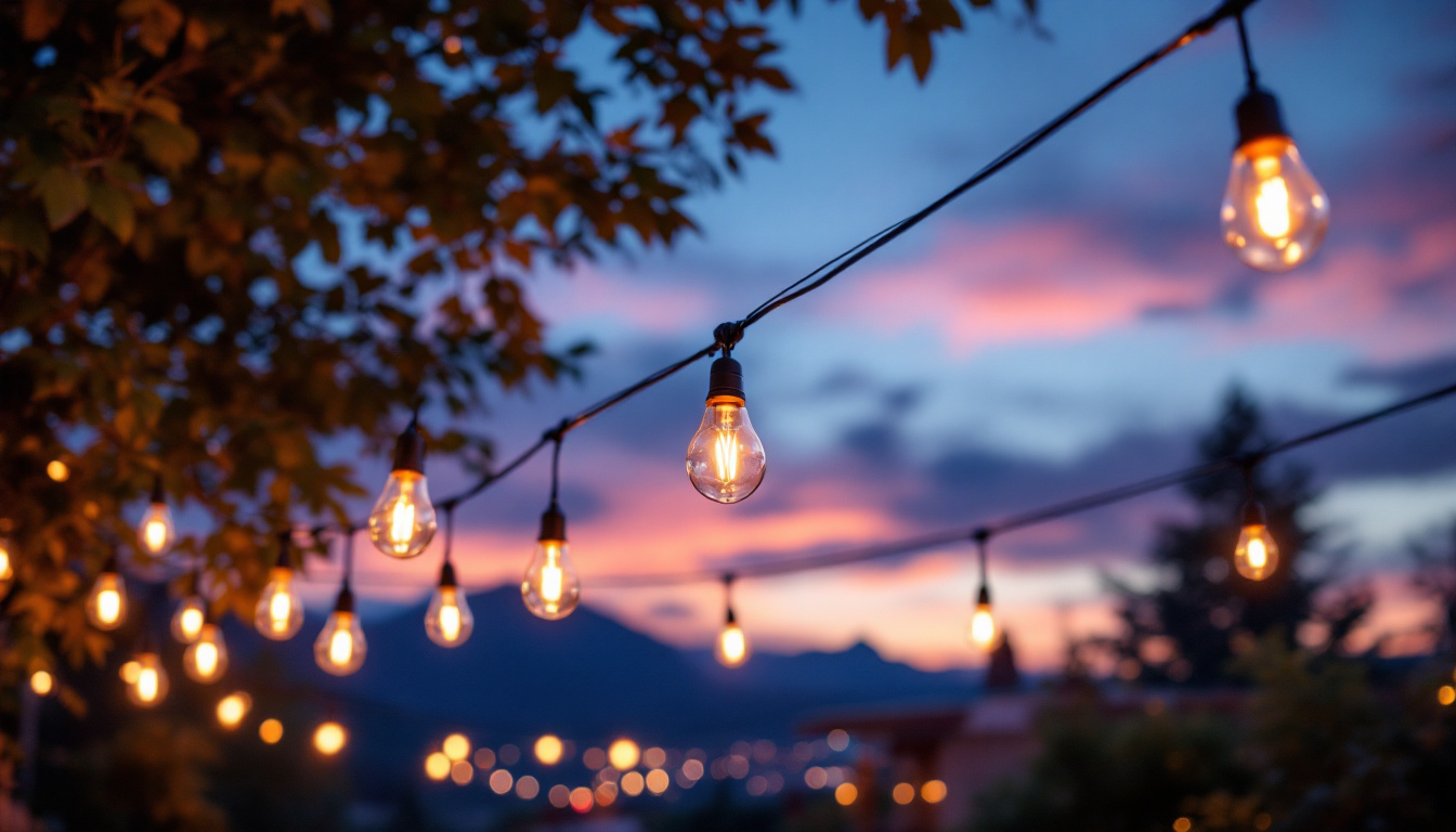 A photograph of a beautifully designed outdoor space illuminated by a variety of stylish hanging lights