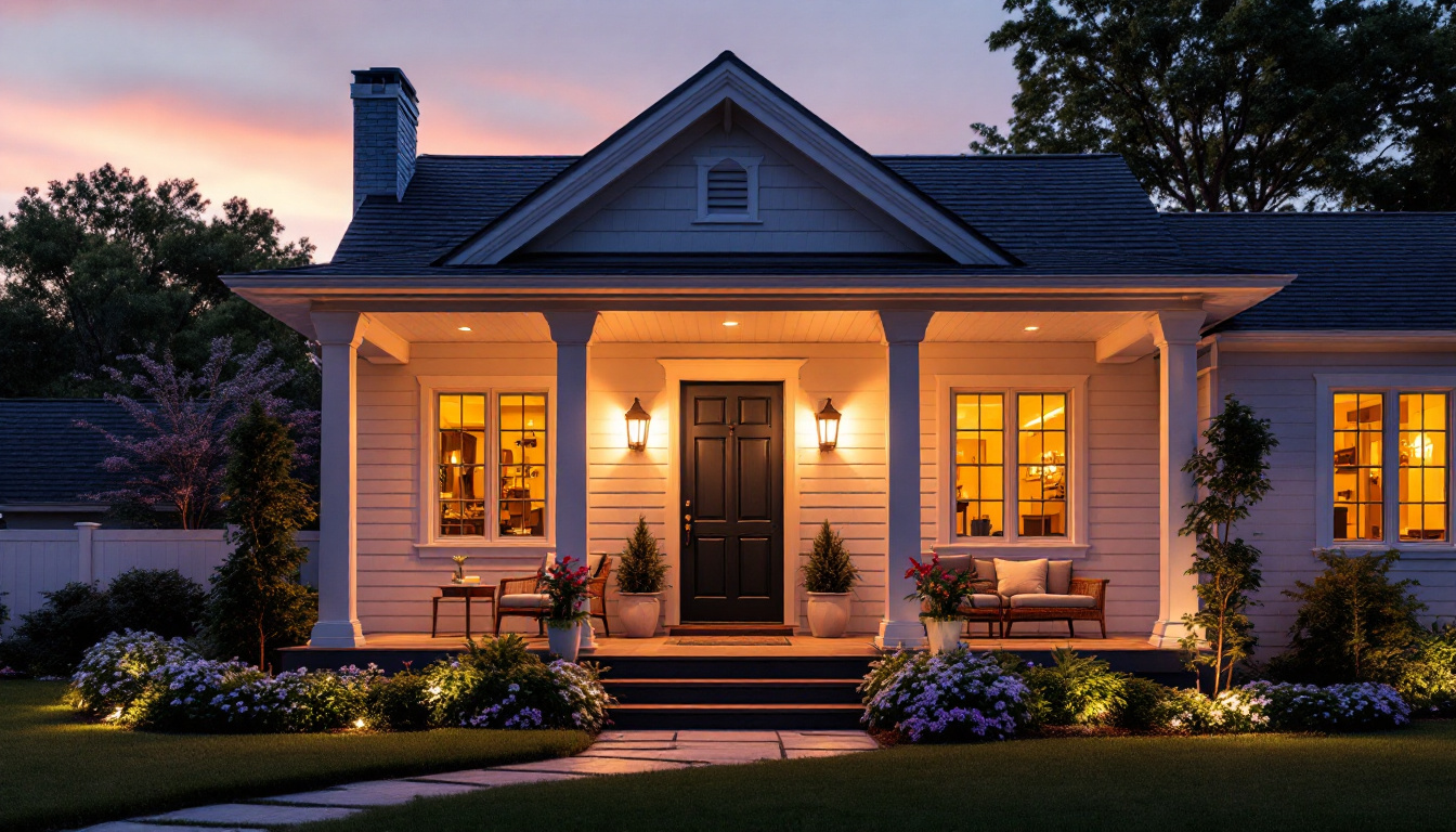 A photograph of a beautifully illuminated front porch at dusk