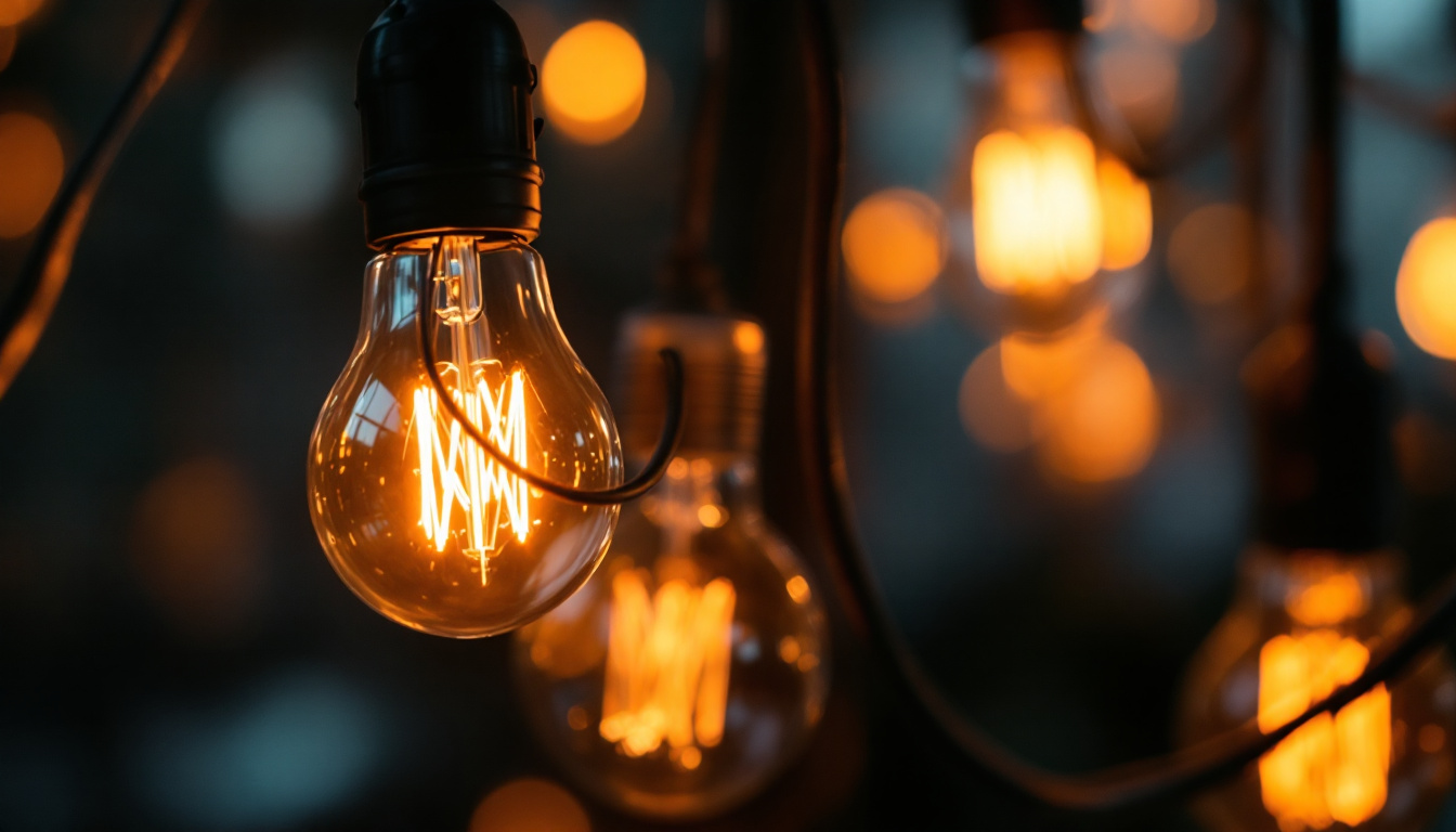 A photograph of a close-up of a light bulb with its socket and wiring clearly visible