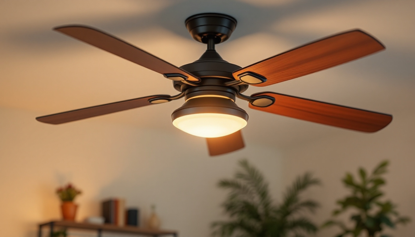 A photograph of a stylish ceiling fan with an integrated light fixture