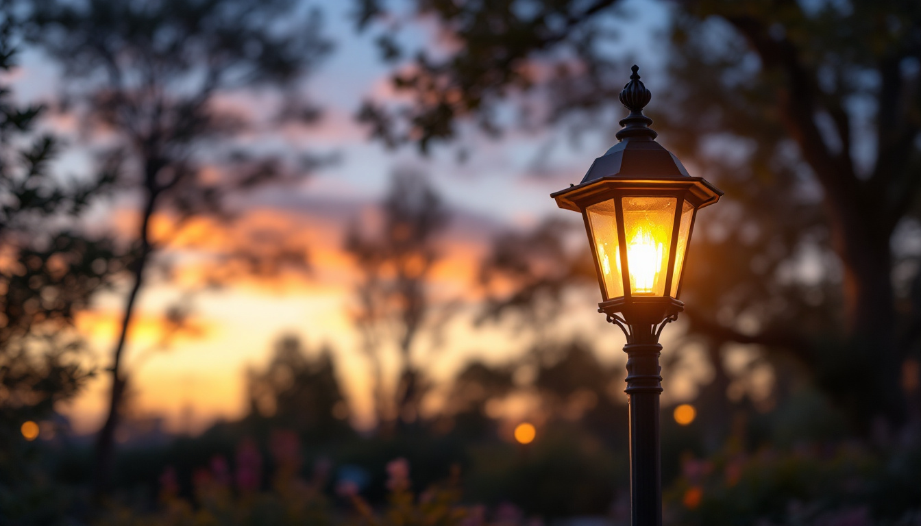 A photograph of a beautifully designed outdoor post lamp illuminating a cozy garden or patio setting at dusk