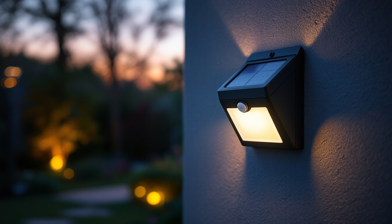 A photograph of a solar led outdoor motion-activated wall pack light installed on an exterior wall