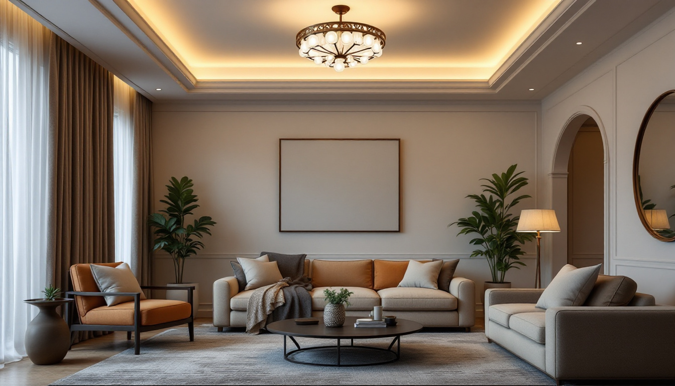 A photograph of a beautifully designed living room featuring an elegant ceiling light fixture that highlights the room's decor