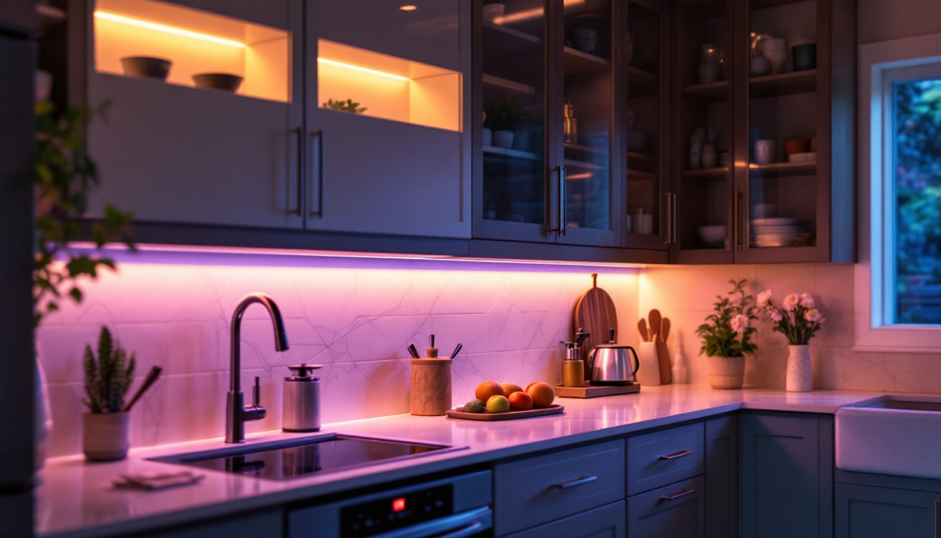 A photograph of a beautifully illuminated kitchen showcasing low voltage under cabinet lighting