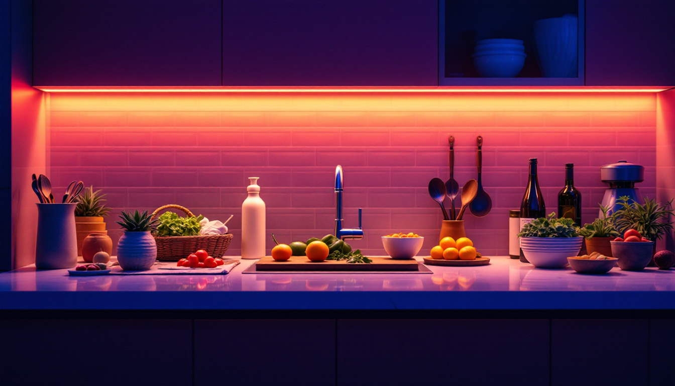 A photograph of a beautifully illuminated kitchen countertop featuring sleek under-counter lights