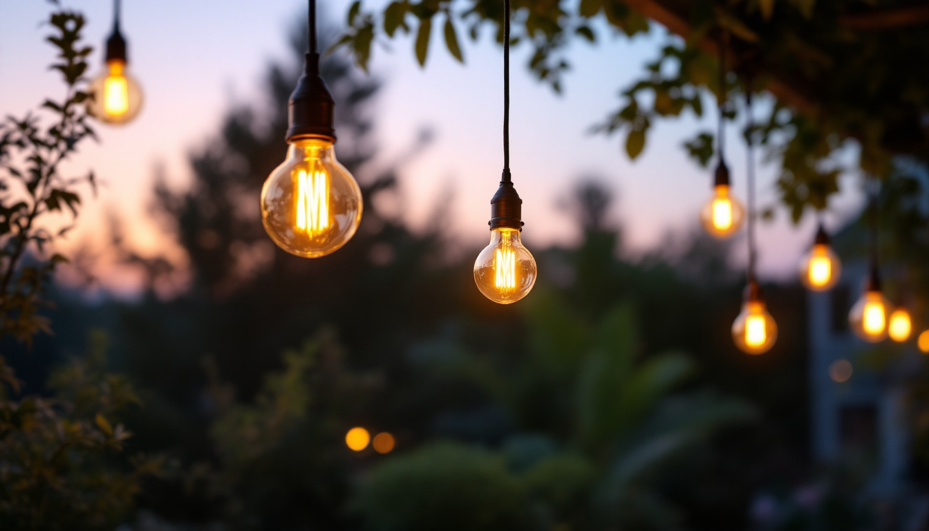 A photograph of a beautifully styled outdoor space featuring an array of hanging pendant lights