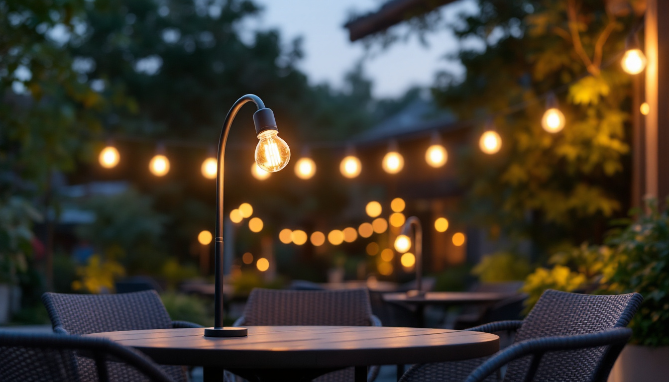 A photograph of a beautifully lit outdoor setting featuring gooseneck lights with straight arms