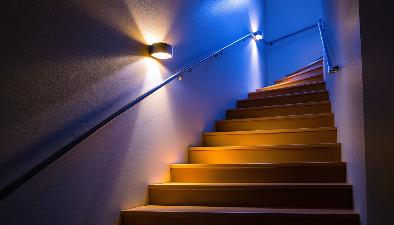 A photograph of a beautifully designed stairway light fixture illuminating a staircase