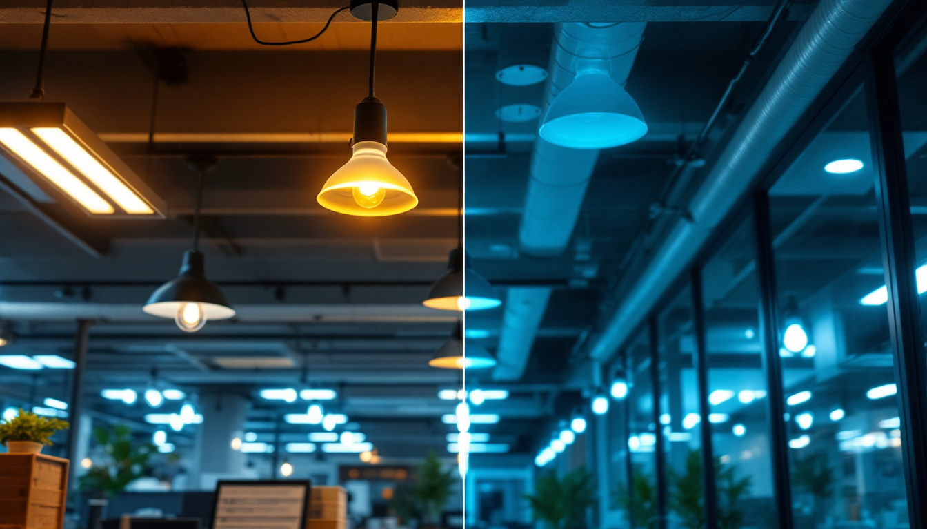 A photograph of a well-lit commercial space showcasing the contrast between traditional overhead lights and newly installed led fixtures