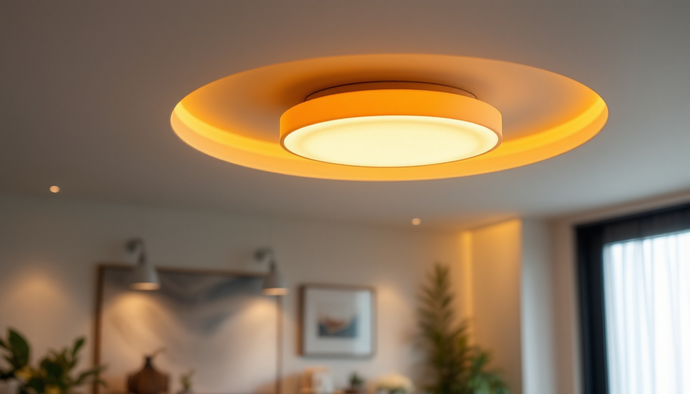 A photograph of a stylishly designed led ceiling fixture illuminated in a modern interior setting