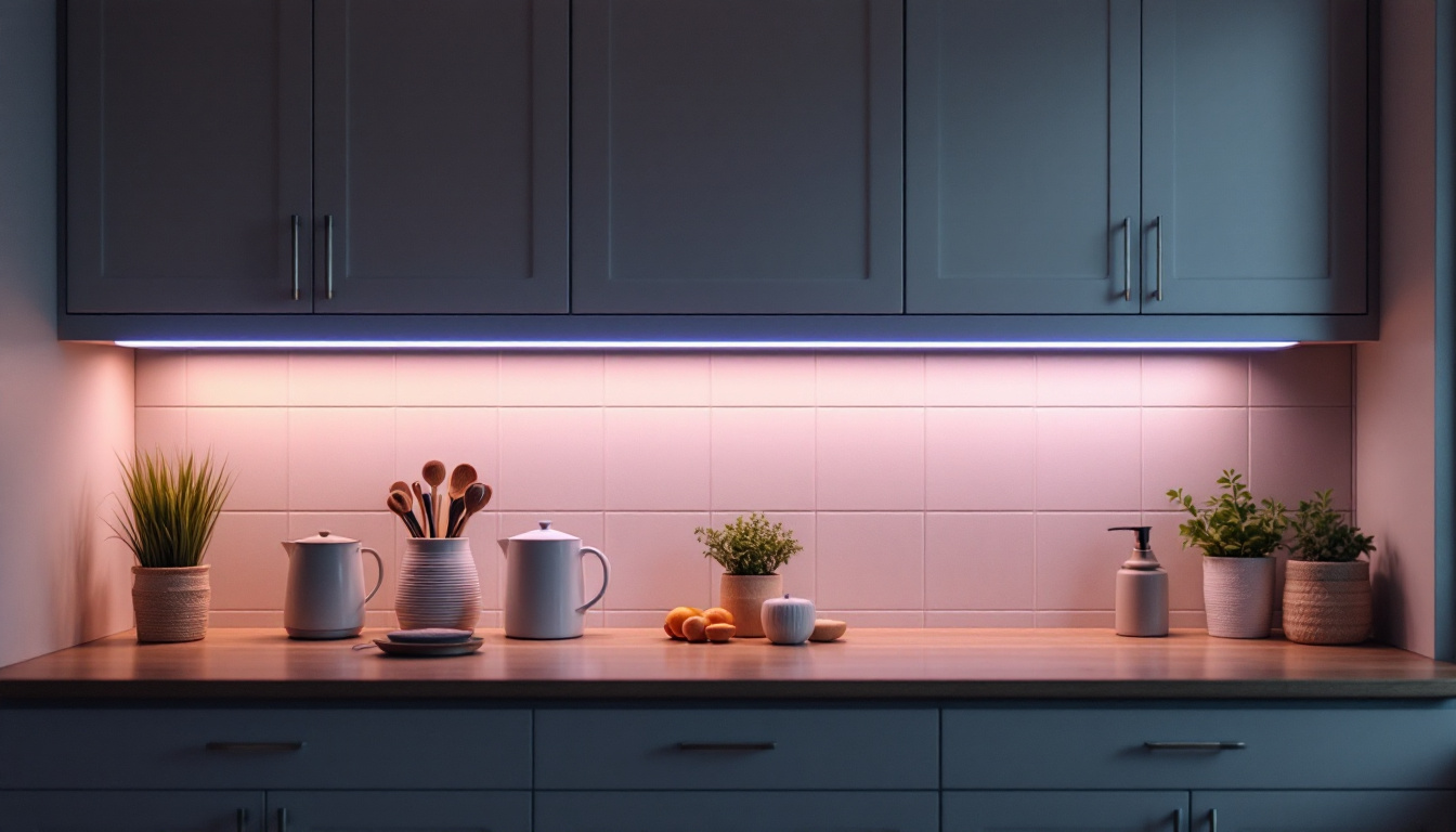 A photograph of a beautifully lit kitchen showcasing a stylish lamp installed under the cabinets