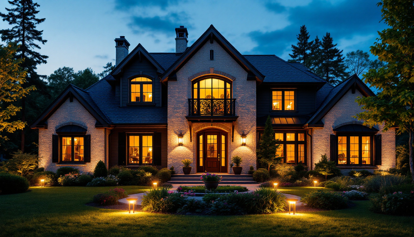 A photograph of a beautifully illuminated exterior of a house at dusk