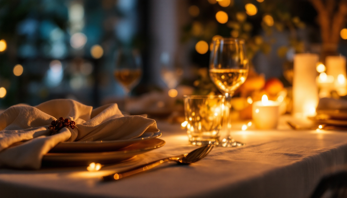 A photograph of a beautifully set dinner table illuminated by soft