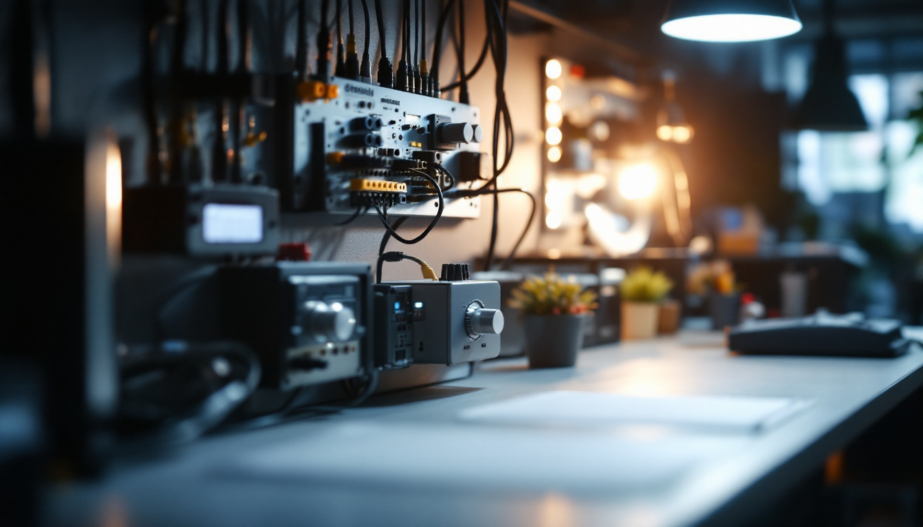 A photograph of a well-lit workspace featuring a variety of led dimmers and power supplies