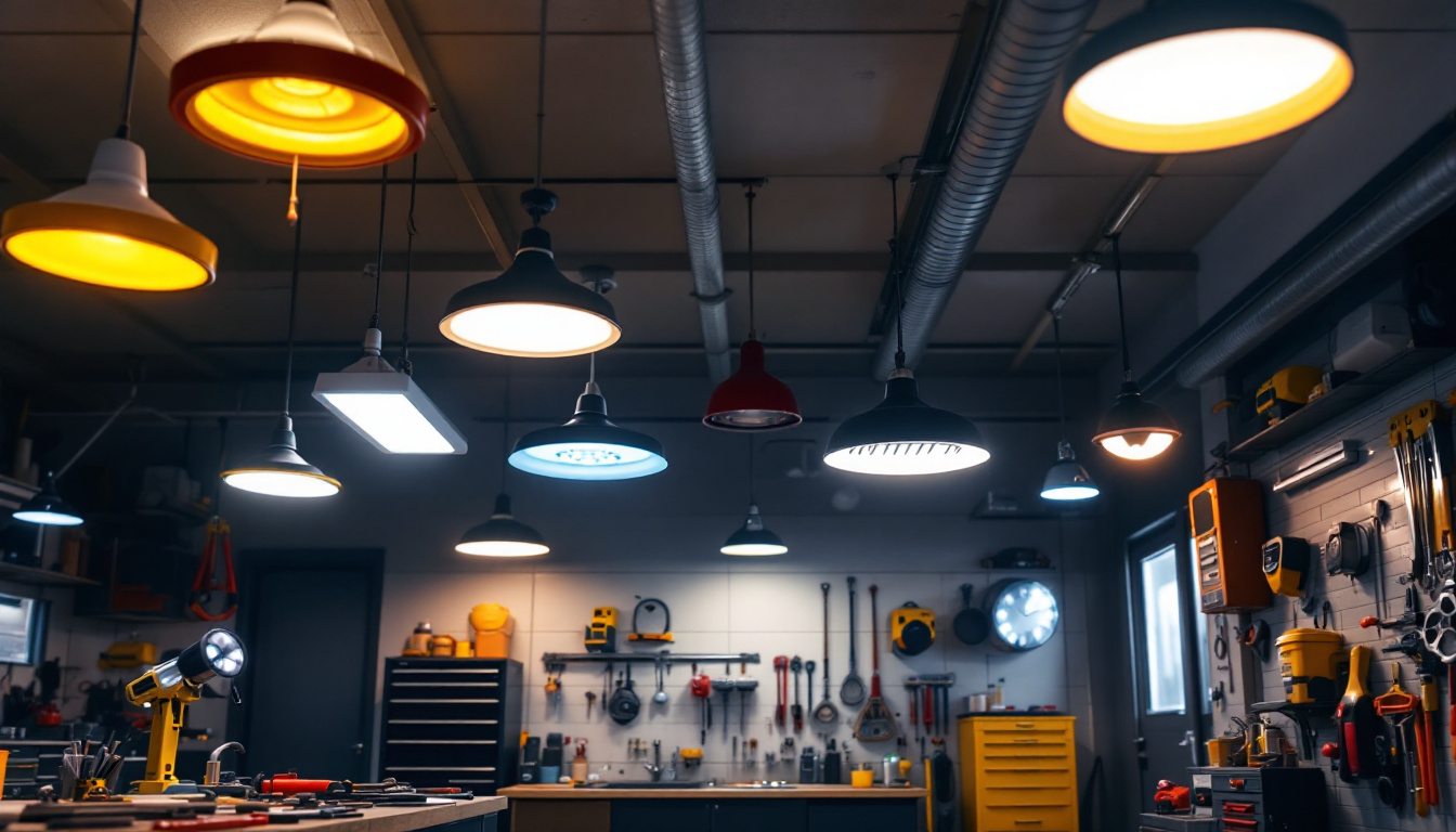 A photograph of a well-lit garage interior showcasing various types of ceiling lights