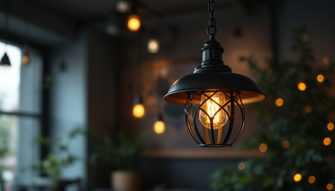 A photograph of a stylish black pendant light hanging from a ceiling