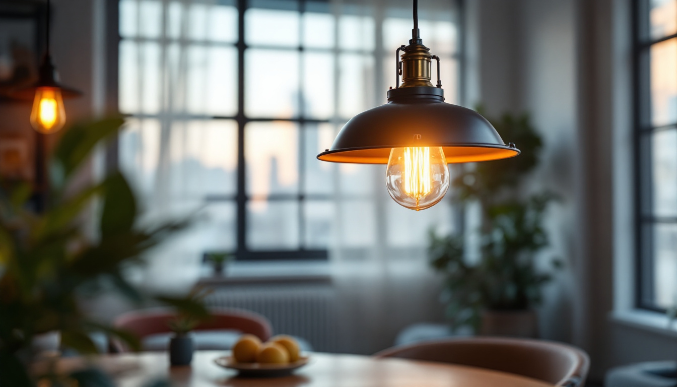 A photograph of a stylish industrial hanging lamp in a well-lit