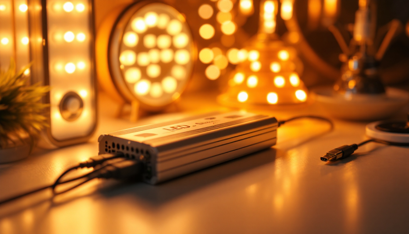 A photograph of a close-up shot of a modern led driver alongside various led lighting fixtures