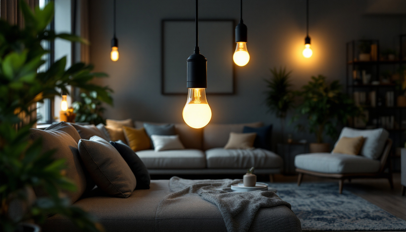 A photograph of a stylishly arranged living space showcasing various pot light bulbs in action