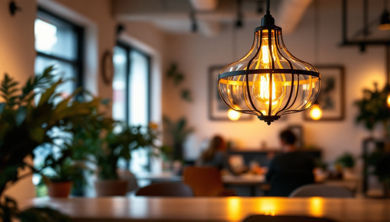 A photograph of a stylish office chandelier hanging elegantly in a well-lit workspace