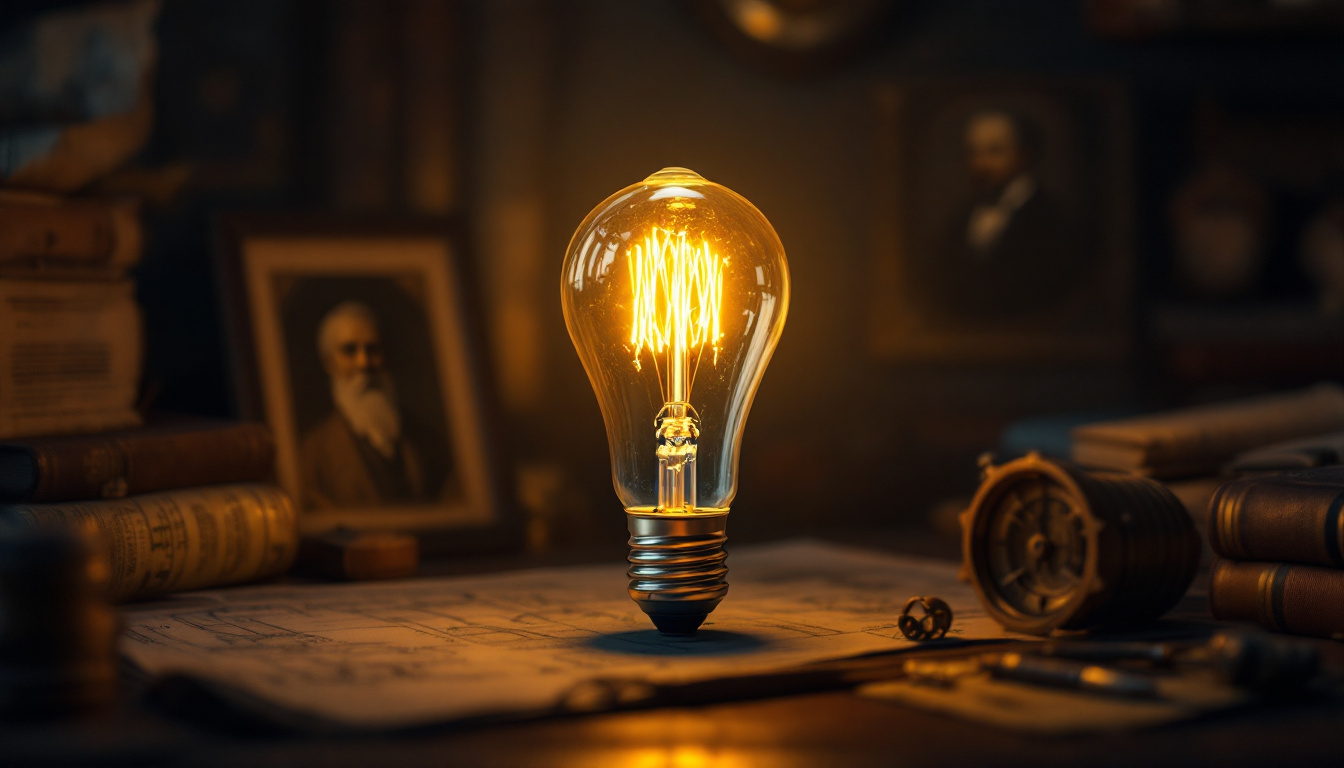A photograph of a vintage-style light bulb glowing warmly in a dimly lit setting