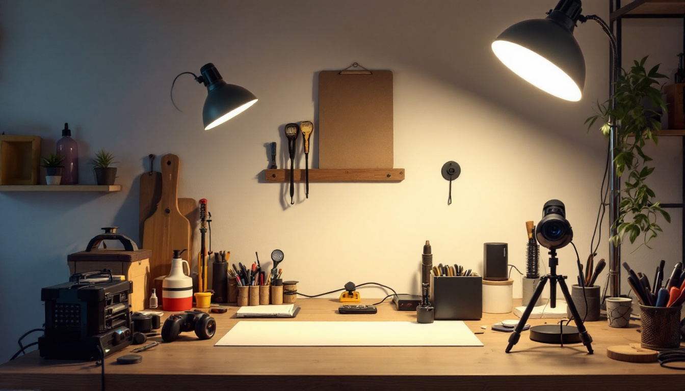 A photograph of a well-lit workspace featuring the 4 light led shop lights in use