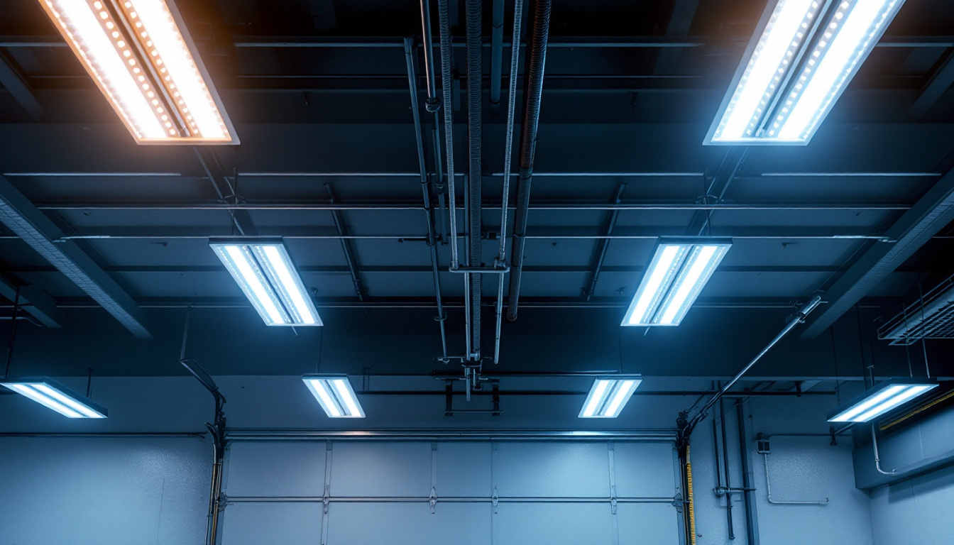 A photograph of a well-lit garage ceiling featuring modern led lighting fixtures