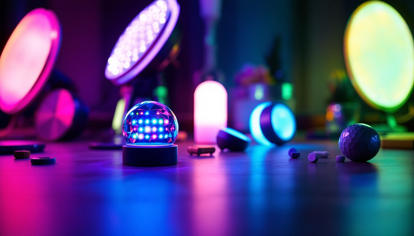 A photograph of a well-lit scene showcasing various led lights illuminating different colored objects