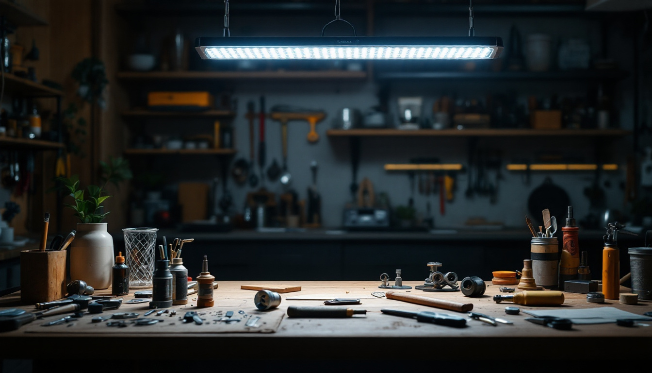A photograph of a well-lit workshop scene showcasing a 48 led work light in use