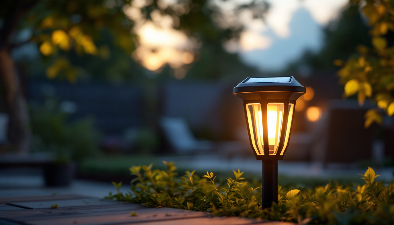 A photograph of a beautifully designed solar lamp in an outdoor setting during dusk