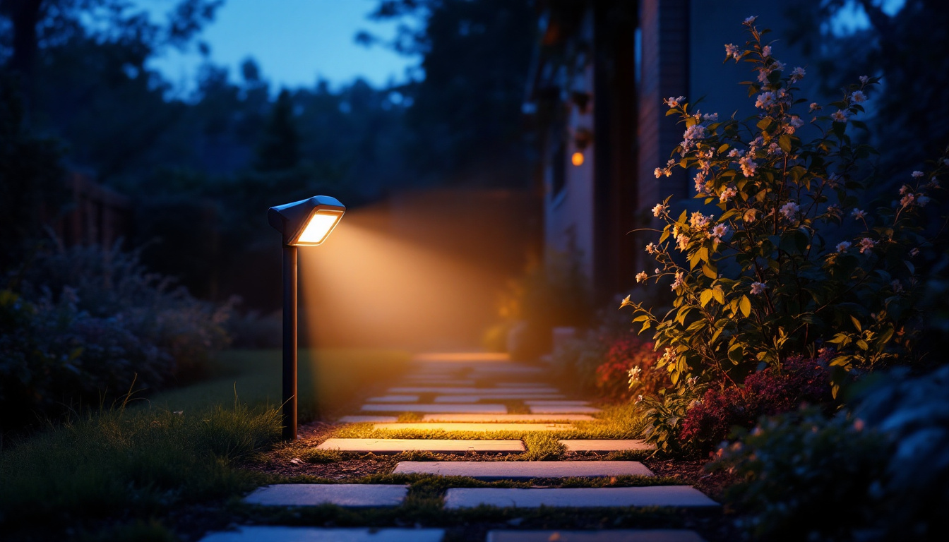 A photograph of an outdoor setting at dusk showcasing a motion-activated flood light illuminating a pathway or garden area