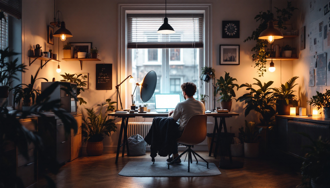 A photograph of a well-lit workspace that showcases a variety of light sources
