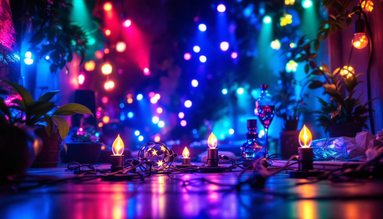 A photograph of a vibrant scene showcasing various colored lights in an artistic arrangement