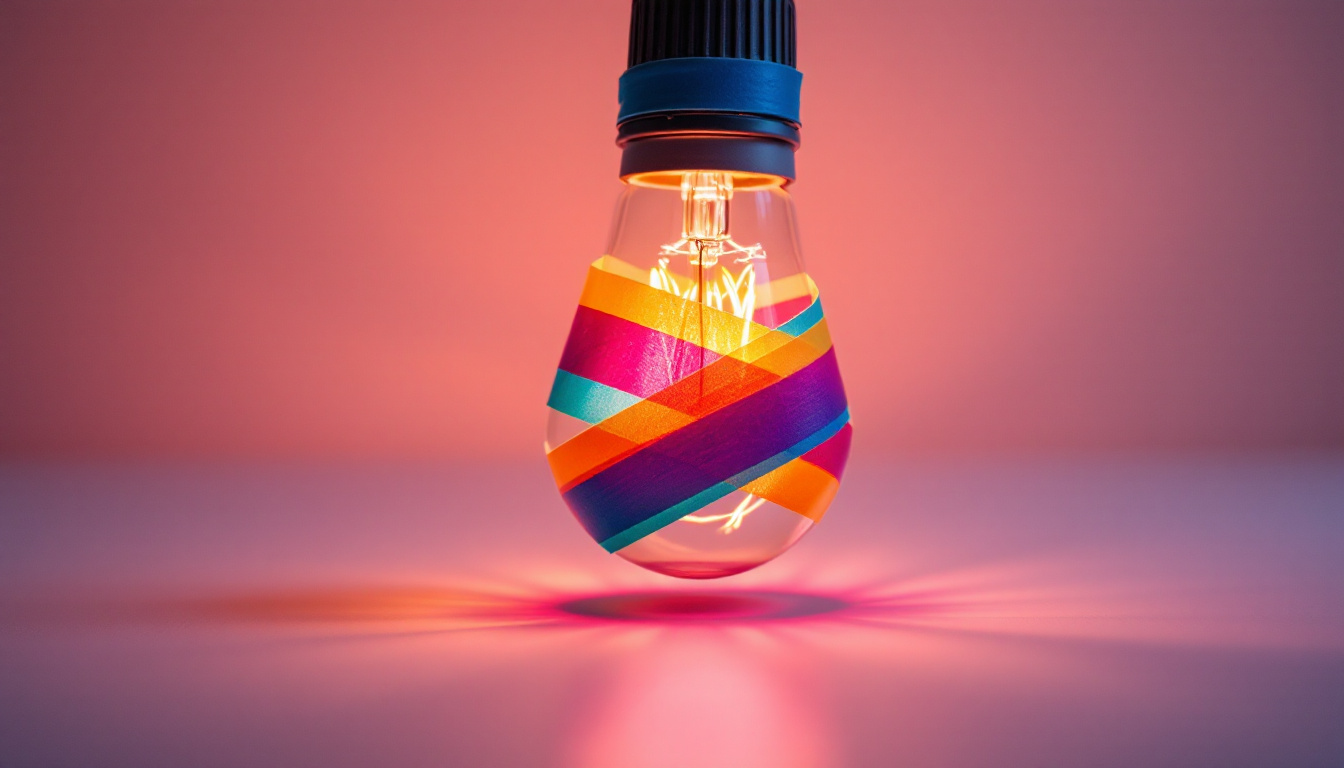 A photograph of a close-up of a light bulb wrapped in colorful electrical tape