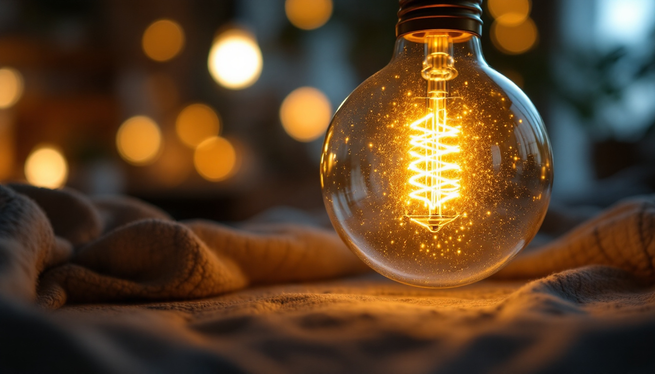A photograph of a close-up of a glowing led light bulb in a cozy home setting