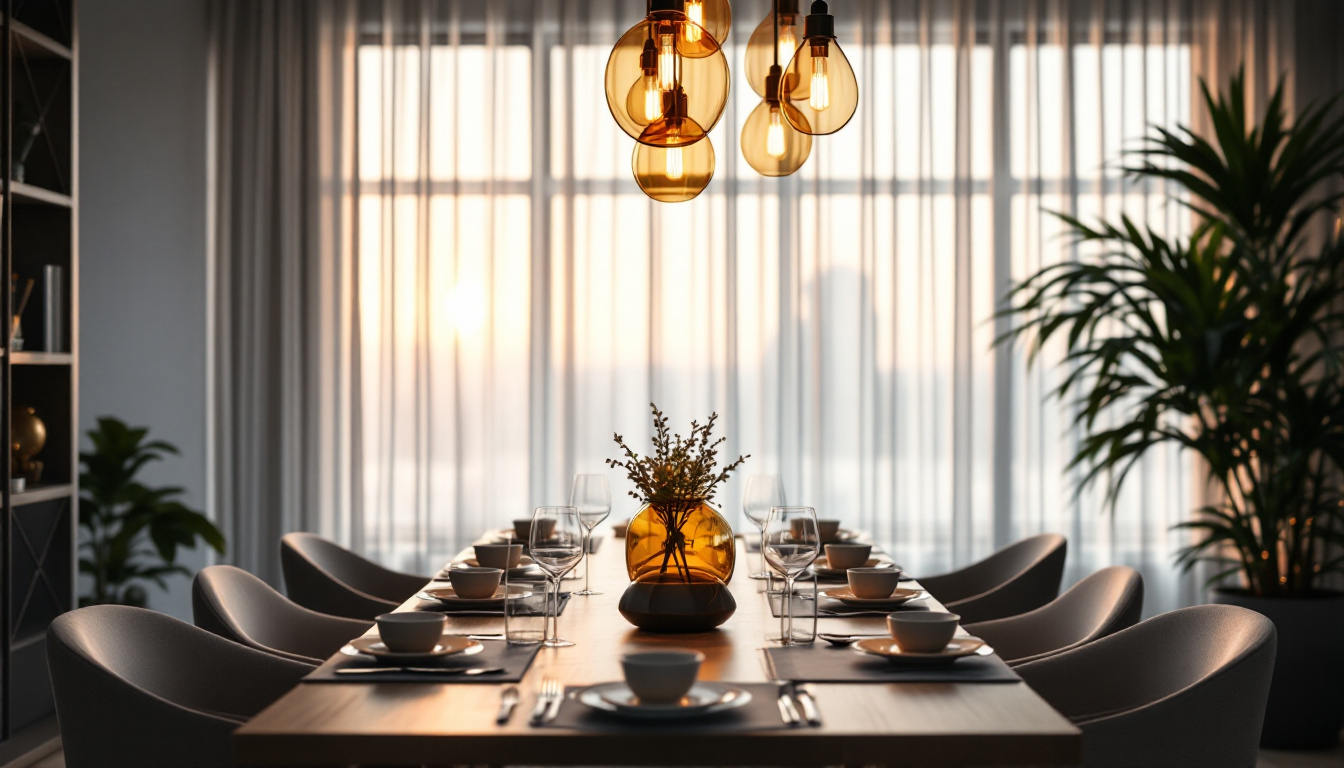 A photograph of a beautifully designed dining room featuring elegant hanging lights that create a warm and inviting atmosphere