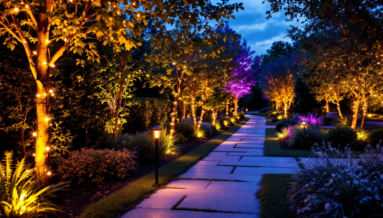 A photograph of a beautifully illuminated outdoor space featuring vibrant solar led light strips adorning garden paths