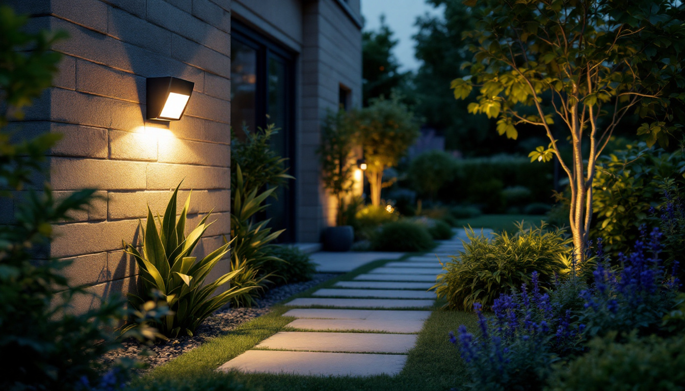 A photograph of a sleek outdoor motion sensor light installed in a beautifully landscaped garden at dusk