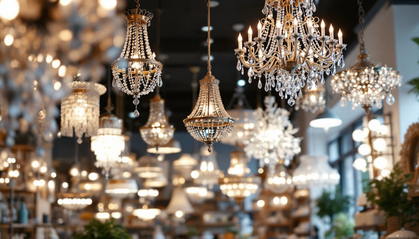 A photograph of a beautifully arranged display of various chandeliers in a well-lit store setting
