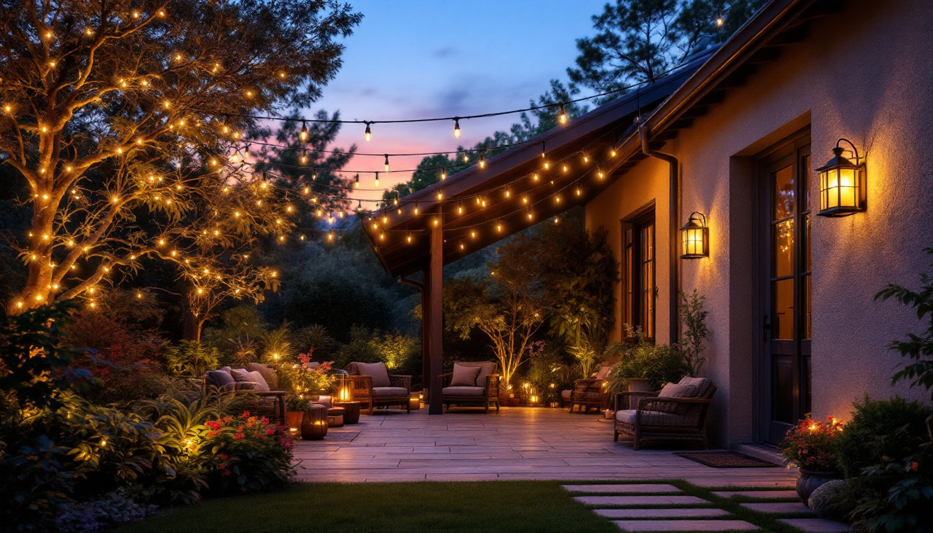 A photograph of a beautifully illuminated patio at dusk