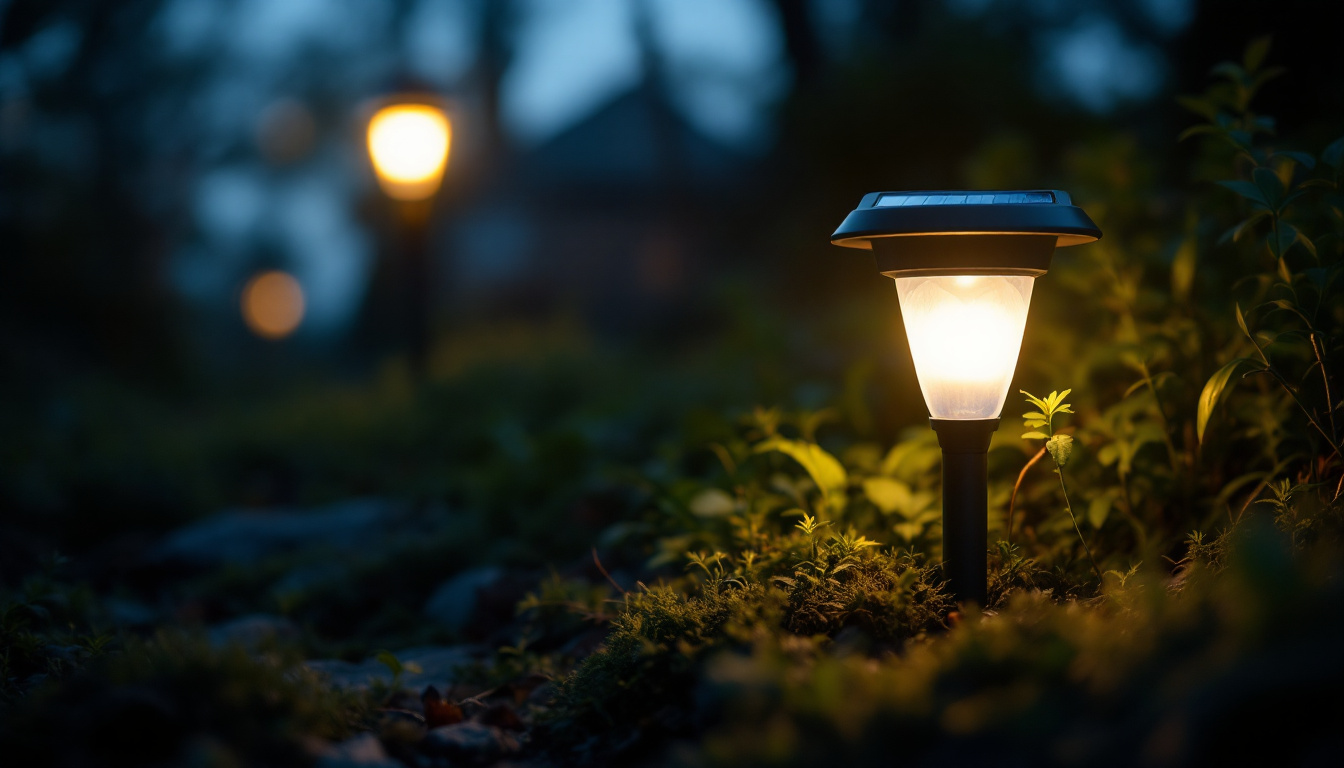 A photograph of a solar light placed in a dimly lit outdoor setting