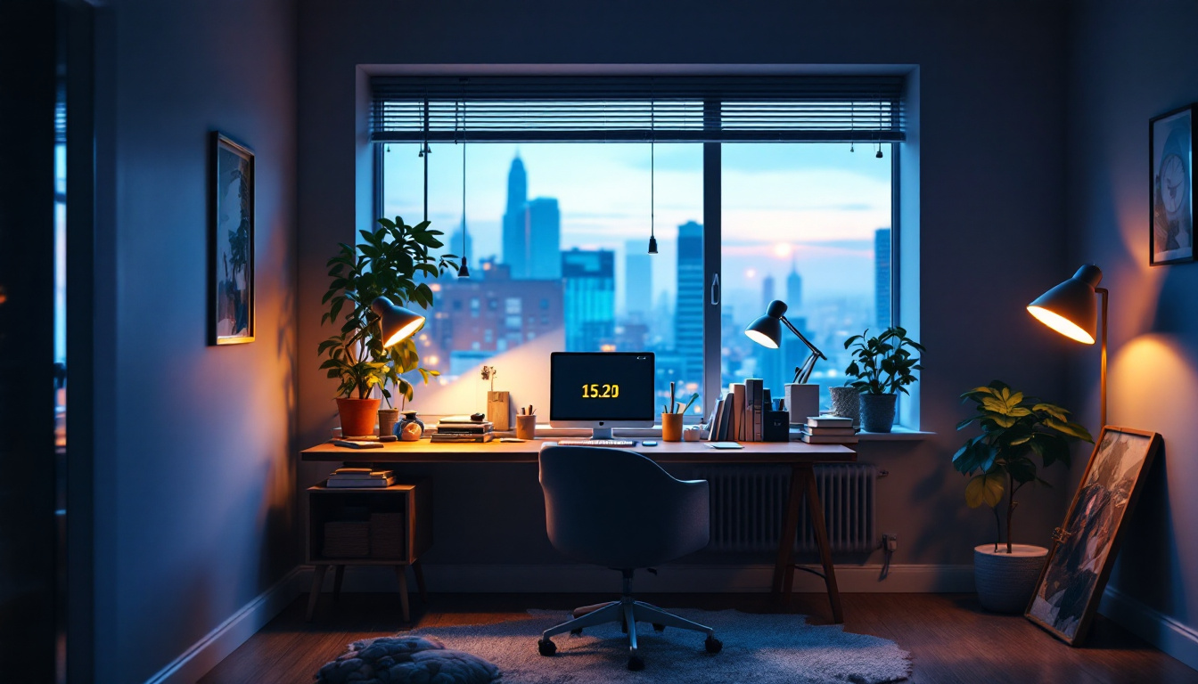 A photograph of a cozy study room featuring a well-lit workspace