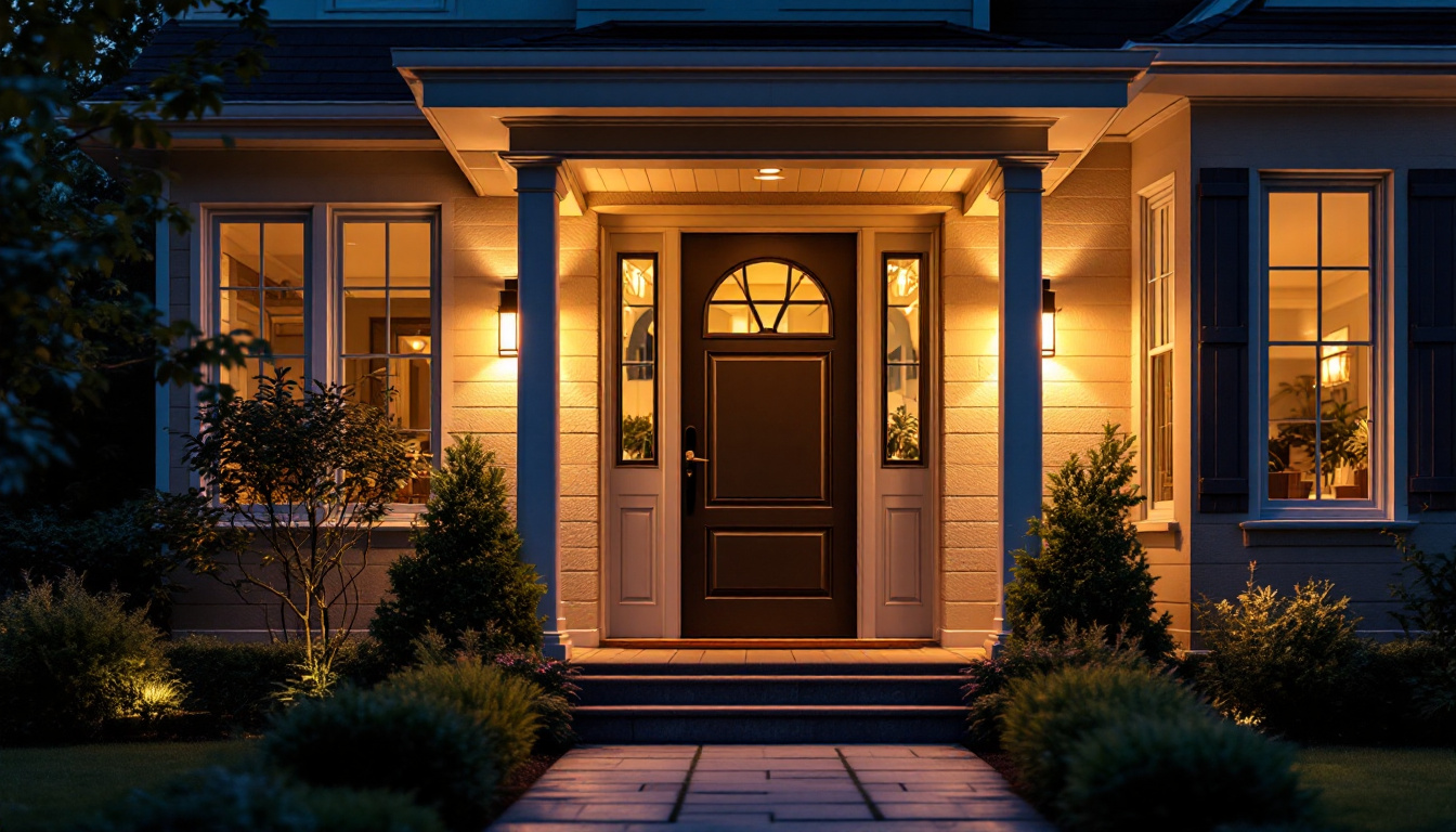 A photograph of a beautifully illuminated front door at dusk