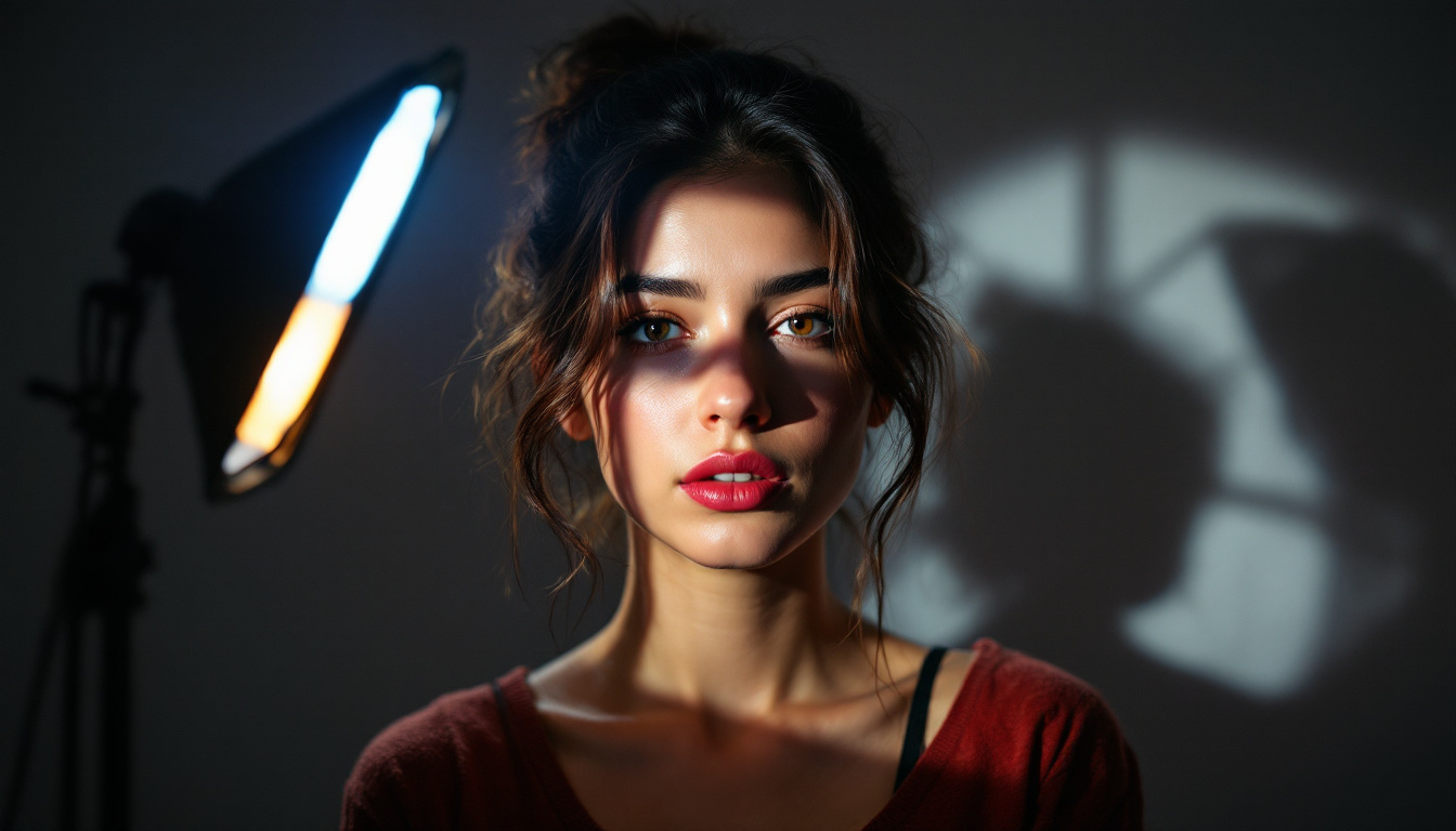A photograph of a model illuminated by three distinct light sources positioned at different angles