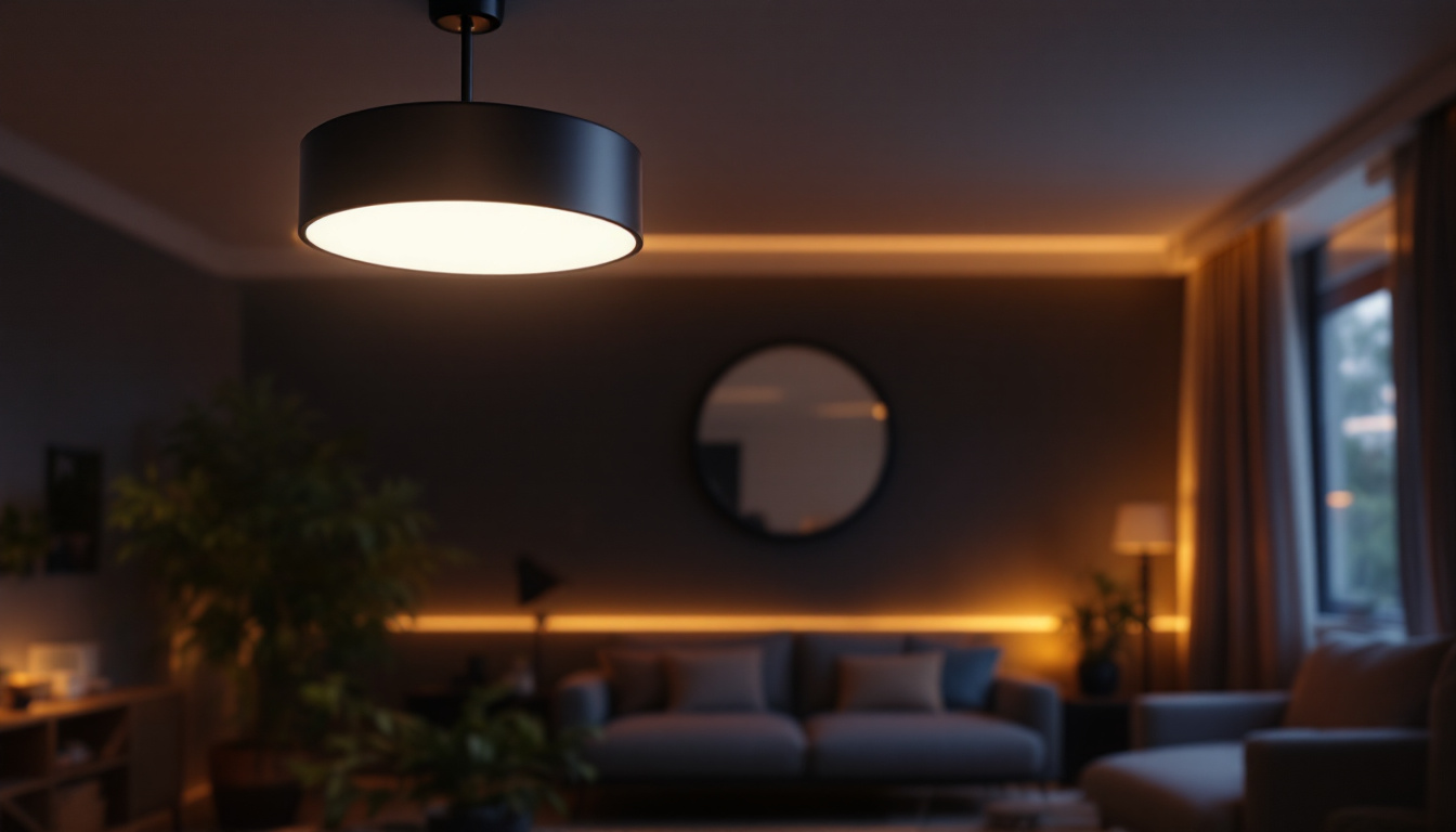A photograph of capture a photograph of a modern led ceiling fixture illuminating a stylishly designed room
